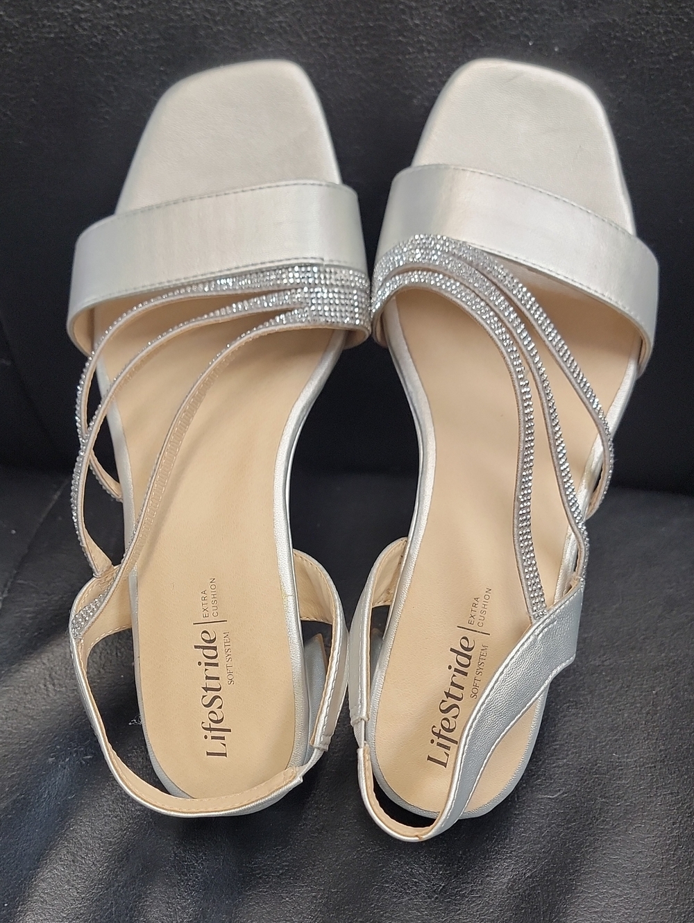Life Stride Silver Satin Slingback Heels with Crystal Accents